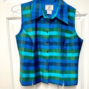 Vintage silk sleeveless vest/top in vibrant peacock colors